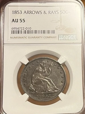 1853 Arrows and Rays NGC AU55 Seated Liberty Half Dollar - Image 1 of 4
