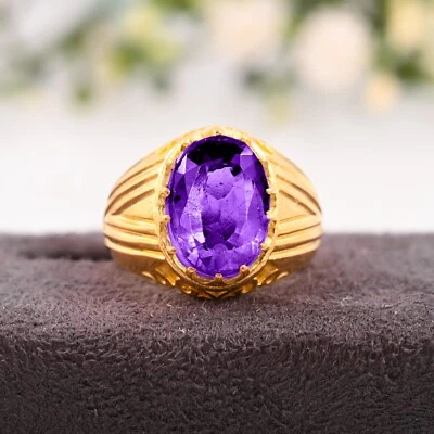 Gold Ring 14K Solid Yellow Gold Men's AAA Natural Faceted Brazil Amethyst Gift. - Image 1 of 3