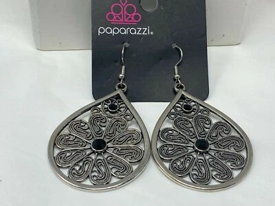 Silvertone PAPARAZZI Black Rhinestone Filigree Style Drop Dangle Earrings - Image 1 of 4
