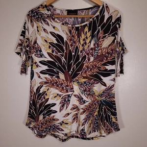 Amana Women's Large Top Brown Feather Print Short Sleeve - Picture 1 of 6