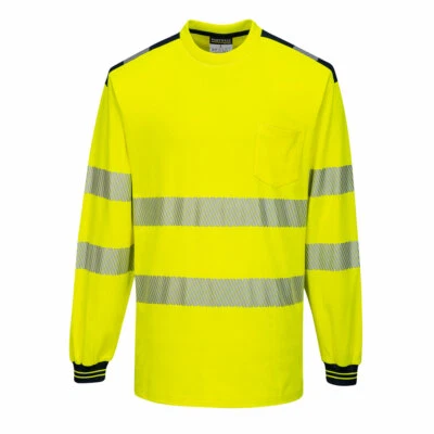 Portwest PW3 Hi-Vis LS T-Shirt Chest Pockets Side Vents Moisture Wicking S-5X * - Image 1 of 2
