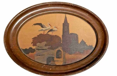 Tableau Ovale PYROGRAVURE décor Nid de Cigognes Paysage d'Alsace Signé RODI - Photo 1/4