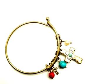 Cross Charm Bracelet Religious Bangle Style Red Blue White Faceted Stone 2.25" - Picture 1 of 3