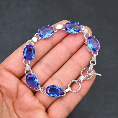 Blue Tanzanite Gemstone 925 Sterling Silver Bracelet Handmade Jewelry Gift For - Image 1 of 4