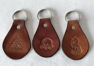 3 x Brown Leather Keyrings With Different Embossed Stamped Designs #OM2 - Picture 1 of 3