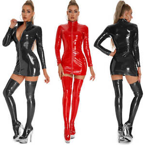 Women Turtleneck Latex Leather Bodycon Short Mini Dress Wet Look Shiny Stockings