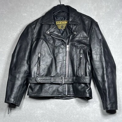 Chaqueta de cuero Hudson vintage para mujer XL negra cremallera completa motociclista con cinturón Foto 1 de 4