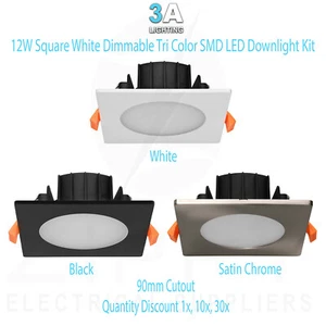 12W Square Dimmable Tri Color SMD LED Downlight Kit | 90mm Cutout | 3A Lighting - Picture 1 of 15