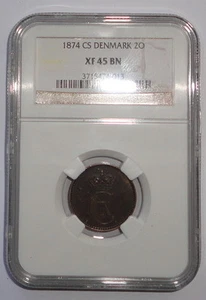 DENMARK  COIN 2 ORE 1874  NGC  XF 45 BN - Picture 1 of 2