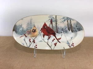 Scenic Oval Sandwich Tray Winter Greetings Lenox China 14 X 7" Winter Cardinals  - Picture 1 of 4