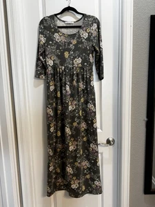 Chris & Carol Gray/Green Floral Maxi Dress Medium Scoop Neck 3/4 Sleeve Pockets - Picture 1 of 8