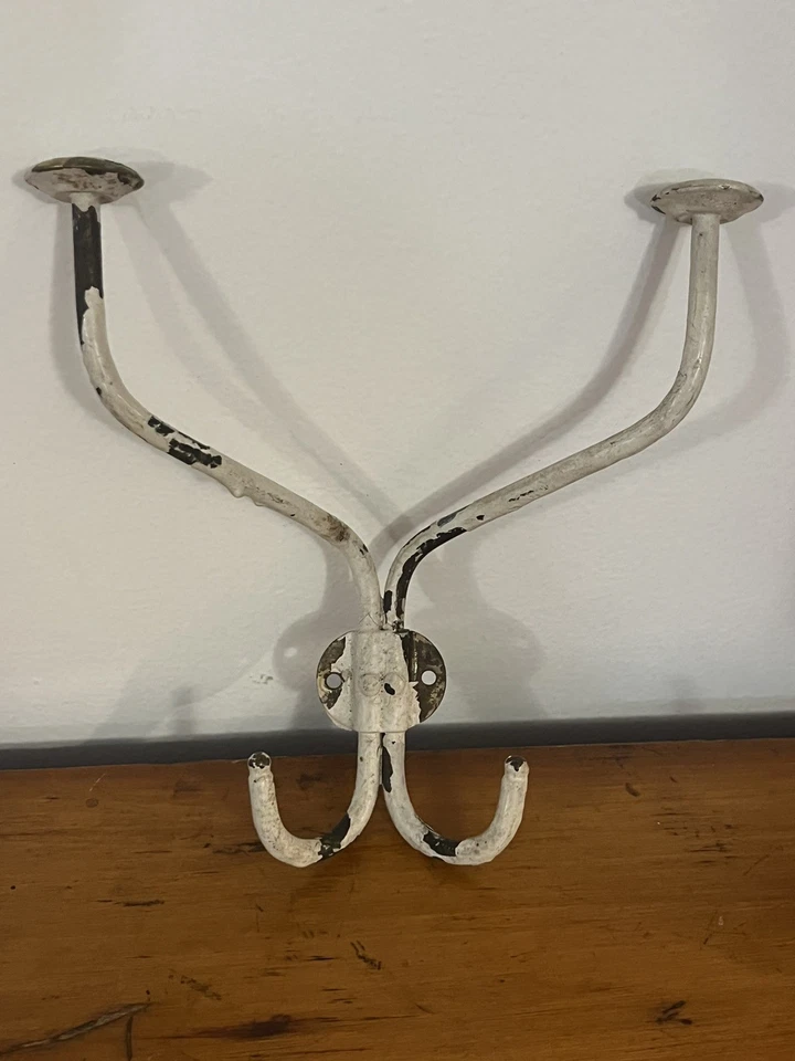 Vtg Antique White Distressed Paint Metal Wall Mount Hat Rack w/ Hooks - Image 1 of 1