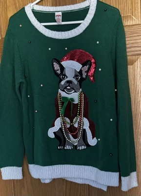 Holiday Time Ugly Christmas Sweater French Bulldog Boston Terrier Knit Medium - Image 1 of 4