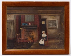 Antique c1880 Folk Art Painting American Interior Oil Panel Framed Colonial Cat - Picture 1 of 6
