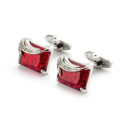 Granates rojos oscuros con circonita cúbica blanca brillante diseño único para hombre moda gemelos plateados Foto 1 de 4