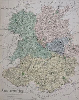 1889 COUNTY MAP SHROPSHIRE CLUN SHREWSBURY ELLESMERE WHITCHURCH MUCH WENLOCK  - Image 1 of 4