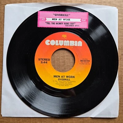 MEN AT WORK Overkill/Till The Money Runs Out 45 7" Record Vinyl Records - Image 1 of 2