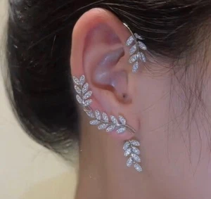 Ear Cuffs Fashion Leaf w Zirconia Diamonds 2 Piece Set NEW - Picture 1 of 3