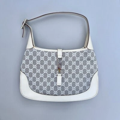GUCCI GG Canvas Jackie Hobo Grey Cream Monogram Shoulder Bag Silver Hardware - Image 1 of 4