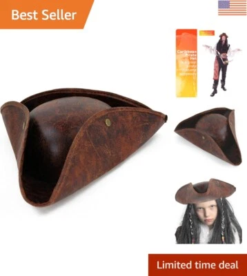 Colonial Style Brown Faux Leather Tri-Corner Hat for Pirate Themed Costumes - Image 1 of 4