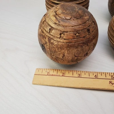 Set of 4 Decorative Carved Wooden 4" Spheres Orbs Vintage Rustic Decor Accents - Image 1 of 3
