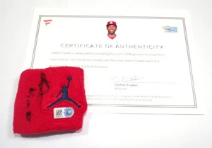 Signed 2019 Dester Fowler Cardinals Game-Used Red/Blue Nike Wristband w/COA's - Picture 1 of 4