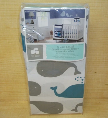 Just Born Fitted Crib Sheet Whales Nautical Coastal Cotton High Seas Collection - Image 1 of 4