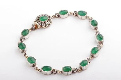Bracelet Antique 12ct Emeralds Altschliff Diamonds Silver 585 Yellow Gold Top Foto 1 de 4