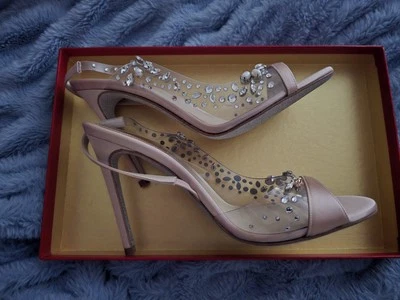 全新带盒 Rene Caovilla 裸色凉鞋缎面-Vinile/水晶丝绸宝石 36.5 码 — 第 1/4 张图片