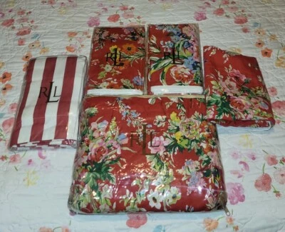 RARO NUEVO RALPH LAUREN FALDA CAMA REINA ROJA Floral BELLE HARBOR Y 4 FUNDAS DE ALMOHADA Foto 1 de 4