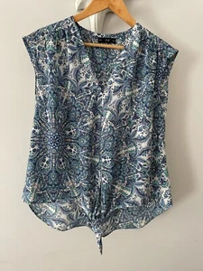Lovely Blue Pullover Tie Front Cap Sleeve Blouse Tunic Top Size M 12 - 14 - Picture 1 of 3