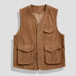 Men's American Retro Corduroy Slim Vest Casual Outdoor Multi Pocket Horse Clip - Picture 1 of 10