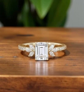 Emerald Simulated Diamond Engagement Wedding Band Ring In 14k Yellow Gold Plated - Picture 1 of 5