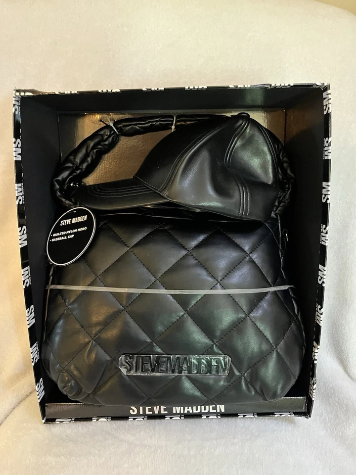 NUEVO EN CAJA Steve Madden Conjunto de Regalo Negro Acolchado Nylon Hobo y Gorra de Béisbol Aspecto de Cuero Foto 1 de 4