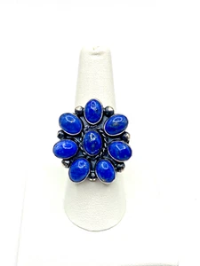 Sterling Silver Lapis Lazuli Cluster Ring SZ 9 Adjustable Native American Signed - Picture 1 of 13