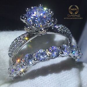  Solid 14K White Gold 3.50 Carat Round Cut Moissanite Bridal Set Engagement Ring