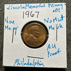 1967 Lincoln Memorial Cent. Copper. UNC. Proof.  Philadelphia. Non Magnetic. - Picture 1 of 4