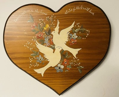 Vintage Wood heart  painted Doves Floral W/ Saying , Signed 1997 Primitive Folk - Image 1 of 4