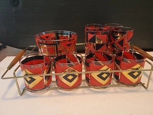 Washington Glass Mid-Century Geometric Red Black and Gold 10-Piece Bar Set - Picture 1 of 16