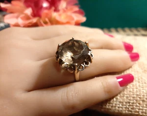 Vintage Estate 14k Yellow Gold Cocktail Ring Smoky Topaz Quartz , Heart 6.5 - Picture 1 of 24