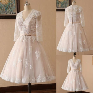 Champagne Lace Short Wedding Dresses Long Sleeves V Neck Tea Length Bridal Gowns - Picture 1 of 9