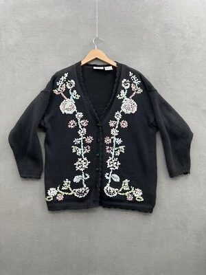 Cárdigan para mujer Kathy Lee 20W suéter negro con cinta bordado floral Foto 1 de 4