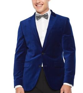 JF J.Ferrar Velvet Mens Blazer Slim Fit Sport Coat Bright Blue Size 48 Regular