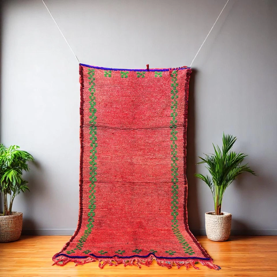 Red Pink Moroccan Rug Green Blue Border Vintage Berber Wool Tribal Carpet Runner - Image 1 of 4