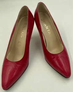 VTG 90's Chantal 7 ½ B Pumps Leather Heels Red - Picture 1 of 5