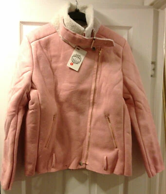 PARTYSU PINK FAUX SHERLING BELTED BIKER JACKET - Image 1 of 4