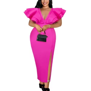 AOMEI Mujeres Vestido Largo Profundo Cuello en V Volantes Sin Mangas Dividido Noche Fiesta Vestidos - Imagen 1 de 12