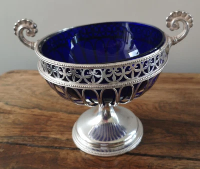 Antique Silver Bon Bon Basket Blue Glass Liner 1857 - Image 1 of 4