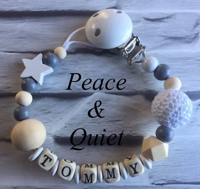 PEACE & QUIET Personalised Dummy Clip🖤Wooden💎Gift, crochet🖤boy💎girl, White, #WWW