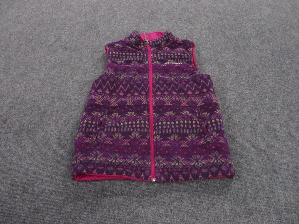 Columbia Chaleco Chaqueta Niñas M 10 12 Púrpura Puffer Azteca Polar Reversible Juvenil Foto 1 de 4